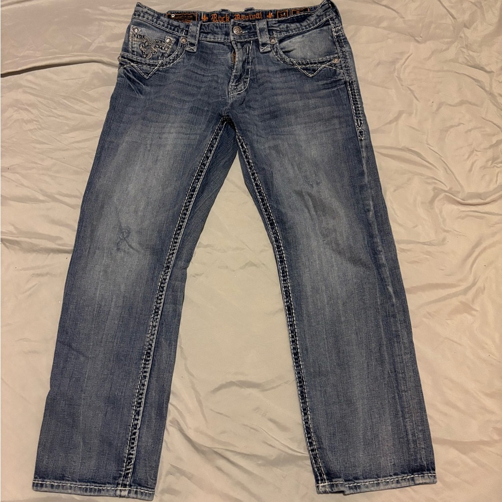Rock revival jeans, size 34, inseam 29. These have a great look.